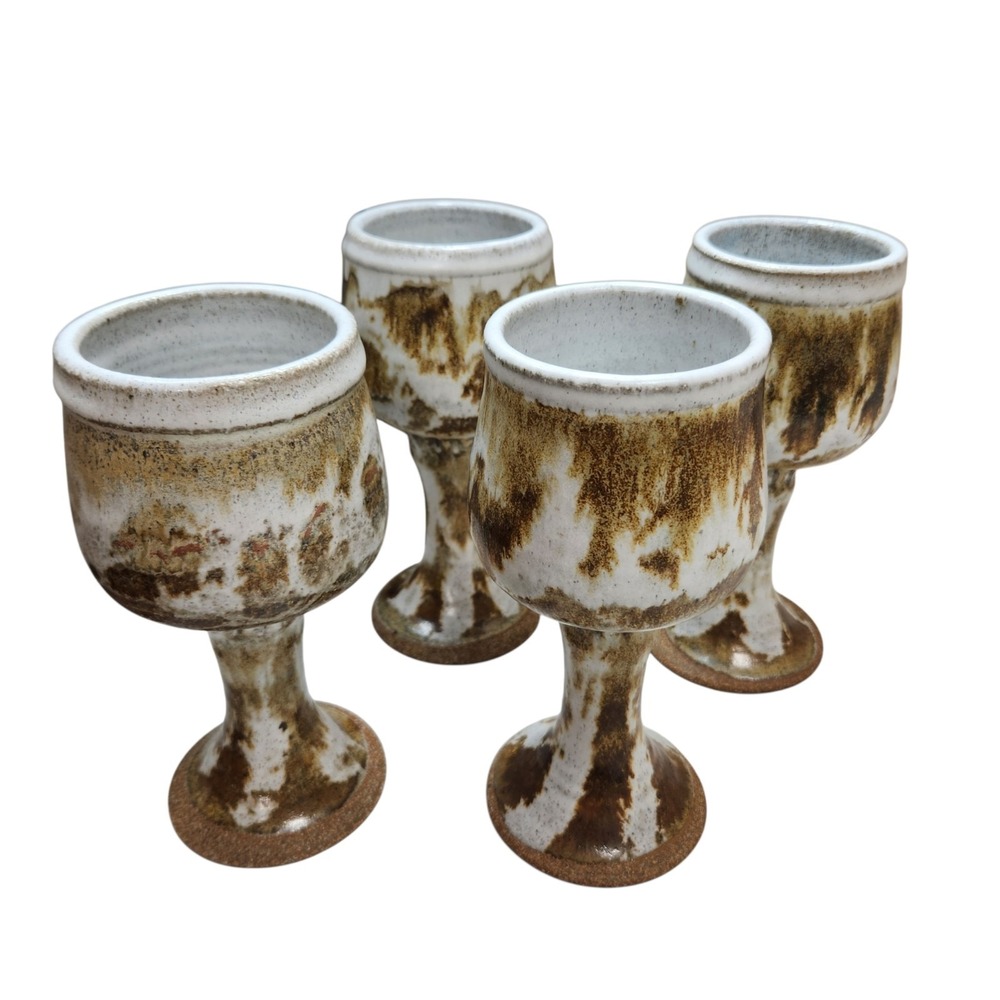Lot Of 4 Signed Jim Clark Stoneware Pottery Goblet Ceramic Dated 1980 Medieval